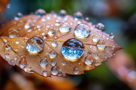 Closeup view of water droplets on a colorful autumn leafの写真素材