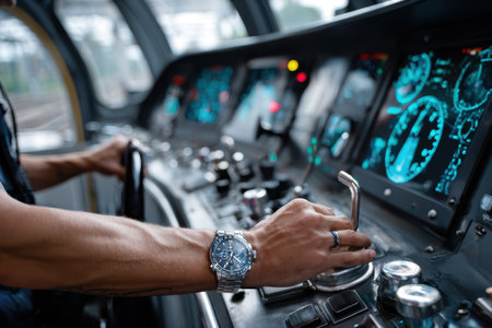 Operator adjusts controls while monitoring speed and instruments inside the locomotive cabin during a journey.の写真素材