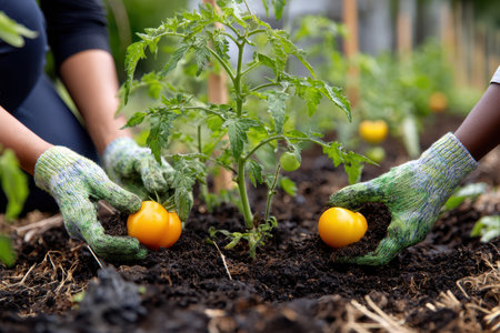 Volunteers plant yellow tomatoes in rich soil at a community garden on a sunny afternoon.の写真素材