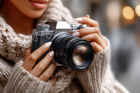 A woman holds a vintage camera, ready to capture beautiful moments while dressed warmly in a cozy sweater.の写真素材