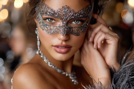 A woman wearing a decorative mask poses gracefully, embodying elegance at a lively evening event.の写真素材