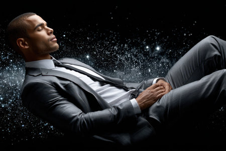A man dressed in a formal suit reclines against a backdrop of cosmic stars and nebulae, creating a serene atmosphere.の写真素材