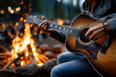 A person plays guitar near a campfire, surrounded by tall trees and the glow of friendly gatherings.の写真素材