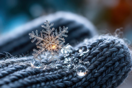 A snowflake landing on a woolen glove, shot outdoors with a macro lens, evoking the quiet beauty of winterの写真素材