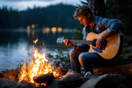 A man plays an acoustic guitar by a campfire near a lake at duskの写真素材