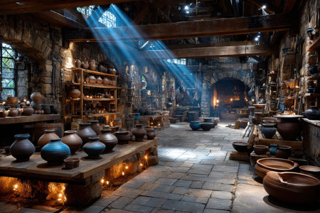 A rustic pottery workshop filled with various clay pots, bowls, and vasesの写真素材