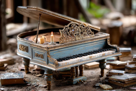 An ornate piano with candles sits amidst old books in a forgotten room, evoking a sense of nostalgia and mystery.の写真素材