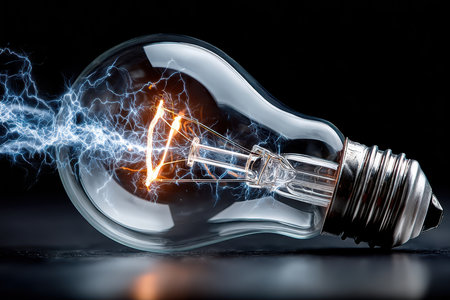 A light bulb glows against a black backgroundの写真素材