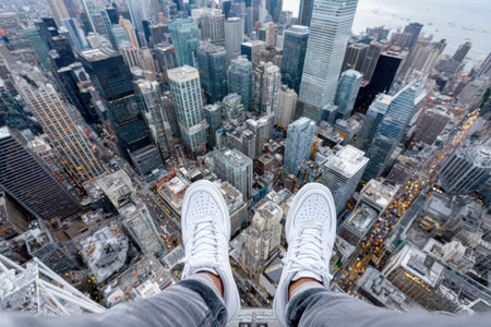Feet in white sneakers dangle over the edge of a skyscraper, revealing a stunning city skyline and bustling streets.の写真素材