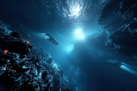 Advanced underwater vehicles navigate through the deep ocean, illuminating the vibrant ecosystem around them.の写真素材