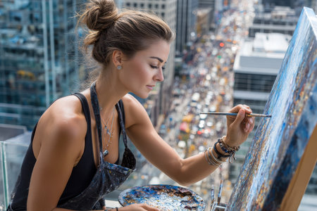 A woman is focused on painting a colorful cityscape while standing on a rooftop with a bustling city view.の写真素材