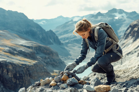 A hiker is focused on stacking stones in a stunning mountainous area under a clear sky, enjoying nature.の素材