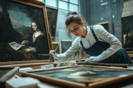 A skilled restoration expert carefully cleaning and restoring paintings in a museum gallery filled with art.の素材
