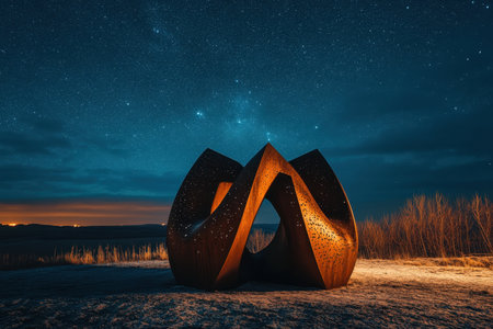 A unique metal sculpture stands illuminated at night, surrounded by a serene landscape and bright stars overhead.の素材