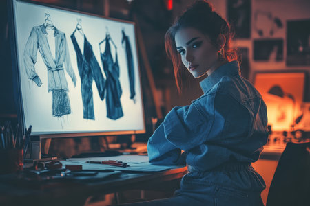 A young designer focuses on sketching fashion ideas in a cozy, illuminated studio environment.の素材