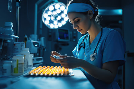 A nurse carefully organizes medication vials while working in a dimly lit clinical environment at night.の素材