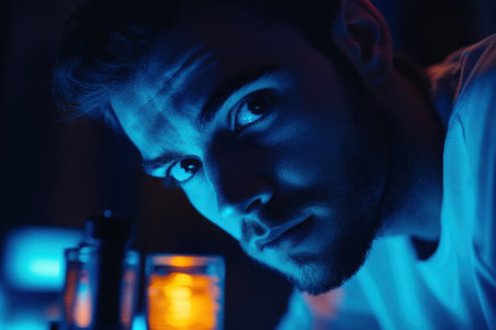 A young man gazes intently at the camera, illuminated by blue and orange light in a dimly lit room.の素材