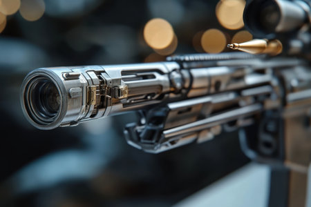 Close-up showcases the detailed craftsmanship and metal components of a modern rifle.の素材