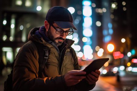 A man is focused on his tablet while standing on a bustling city street during nighttime.の素材