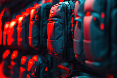 Rows of stylish backpacks hang in a vibrant red and blue lit store, highlighting modern design elements.の素材