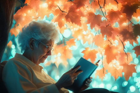 An elderly woman enjoys reading a captivating book while seated beneath glowing autumn leaves.の素材