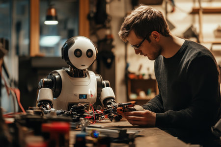A man focuses on assembling electronic components alongside a humanoid robot in a workshop.の素材