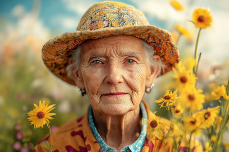 An elderly woman stands proudly in a colorful garden filled with bright sunflowers, enjoying the sunny weather.の素材