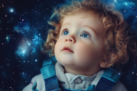 Baby with curly hair looks up in wonder at a starry sky filled with vibrant colors and mystery.の素材