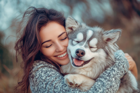 A woman smiles widely while hugging her cheerful dog in a serene outdoor environment, radiating happiness.の素材