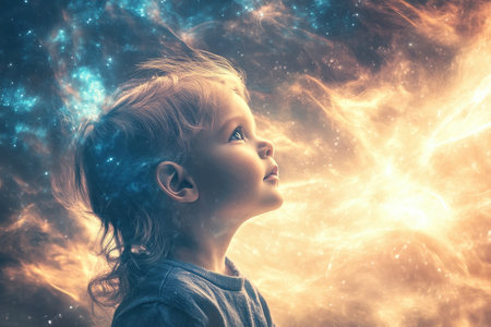 A young child looks up in awe at a cosmic display of colors and lights, dreaming of stars and galaxies.の素材