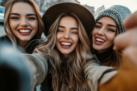 Three young women are smiling widely while taking a selfie in a bustling city.の素材