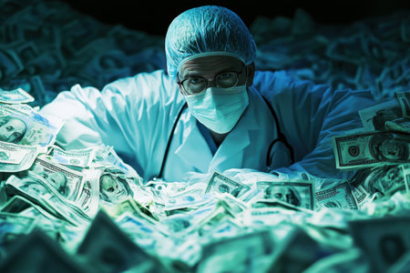 A medical professional, wearing scrubs and a face mask, is immersed in piles of money under dim light.の素材