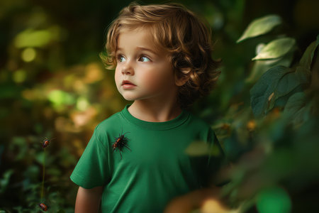 A young child in a green shirt looks curiously at his surroundings while a bug rests on his shirt amidst greenery.の素材
