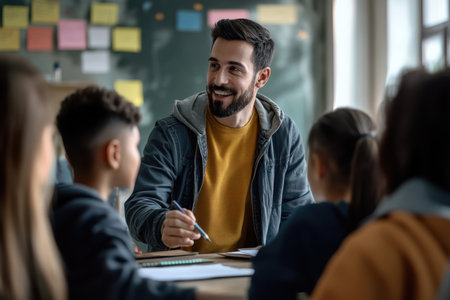 Teacher speaks to a group of attentive students in a bright, organized classroom setting.の素材