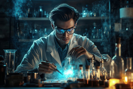 A scientist meticulously works on a glowing experiment surrounded by various glassware and flasks.の素材