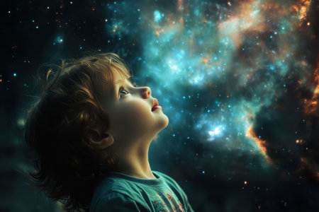 A young child looks up in awe at a vibrant galaxy, filled with stars and swirling colors, sparking curiosity.の素材