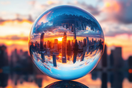 A crystal ball shows a beautiful city skyline reflecting in it during sunset, with vibrant colors in the sky.の素材