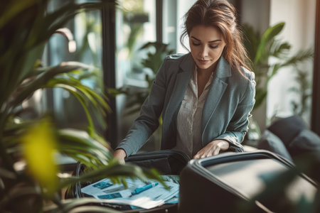 A professional woman organizes important papers inside her suitcase in a bright, plant-filled office.の素材