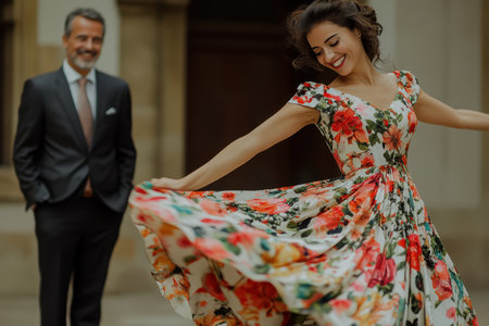 A woman in a floral dress twirls happily while a man in a suit watches her with admiration.の素材
