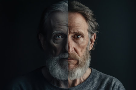 A striking portrait shows an older man's features juxtaposed with youth, highlighting the impact of aging.の素材
