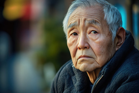 A contemplative elderly man gazes into the distance while seated on a busy city street during the day.の素材