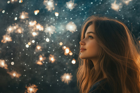 A young woman gazes up at a magical night sky illuminated by sparkling lights, lost in thought and wonder.の素材