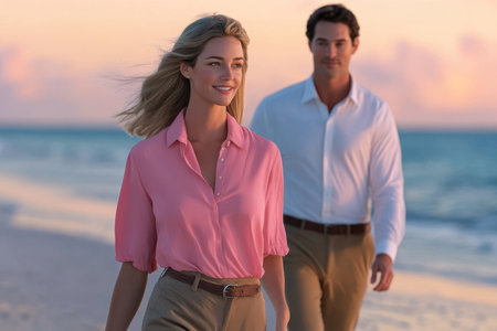 A couple strolls along the sandy beach at sunset, enjoying each other's company and the scenic view.の素材