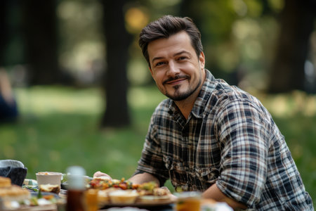 A man smiles while enjoying a picnic with food and drinks in a vibrant park setting.の素材