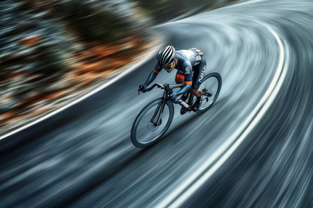 A cyclist speeds around a sharp turn on a winding mountain road shrouded in fog and trees.の素材