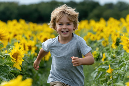 A young boy enjoys running among tall sunflowers under a blue sky in a rural landscape.の素材