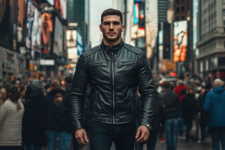A man dressed in a sleek black leather jacket walks through a busy Times Square filled with people.の素材