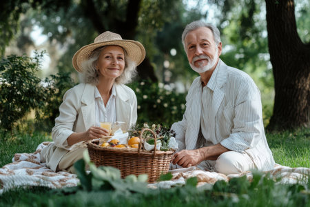 A joyful senior couple sits on a blanket, sharing a picnic with fresh food and drinks in a vibrant park.の素材
