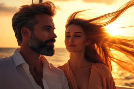 A couple embraces the beauty of sunset, enjoying a romantic moment on a sailboat with gentle ocean waves.の素材