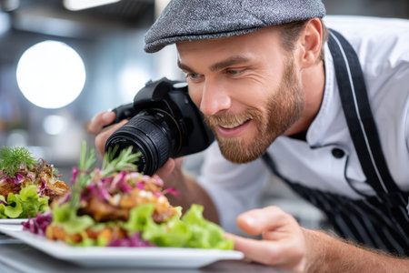 Chef focuses intently on beautifully arranged dishes, showing culinary creativity in a well-lit kitchen.の素材